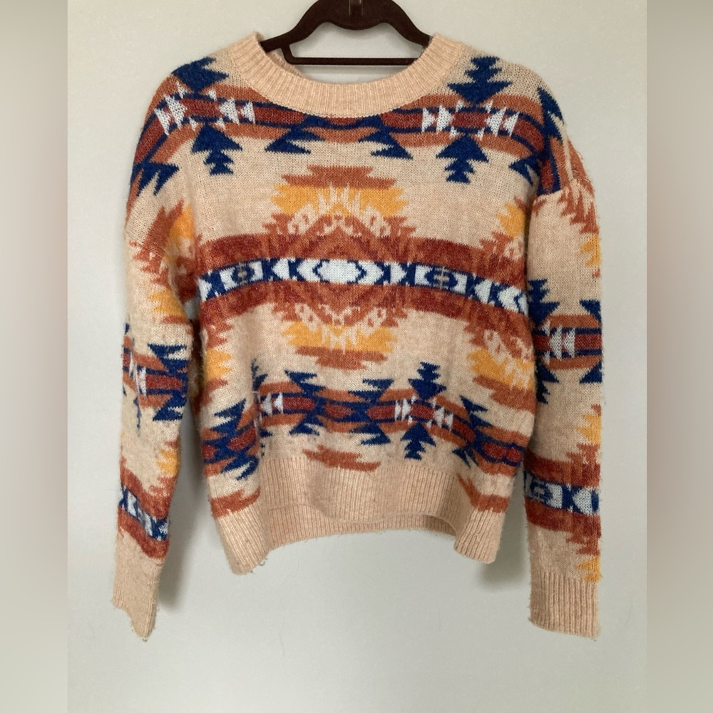 Lucky Brand Womens Western Sweater Wool Blend Jewel Tone Boho Aztec M